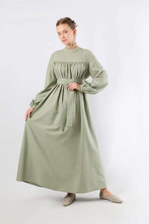 Kuşaklı Büzgülü Elbise Mint - 1