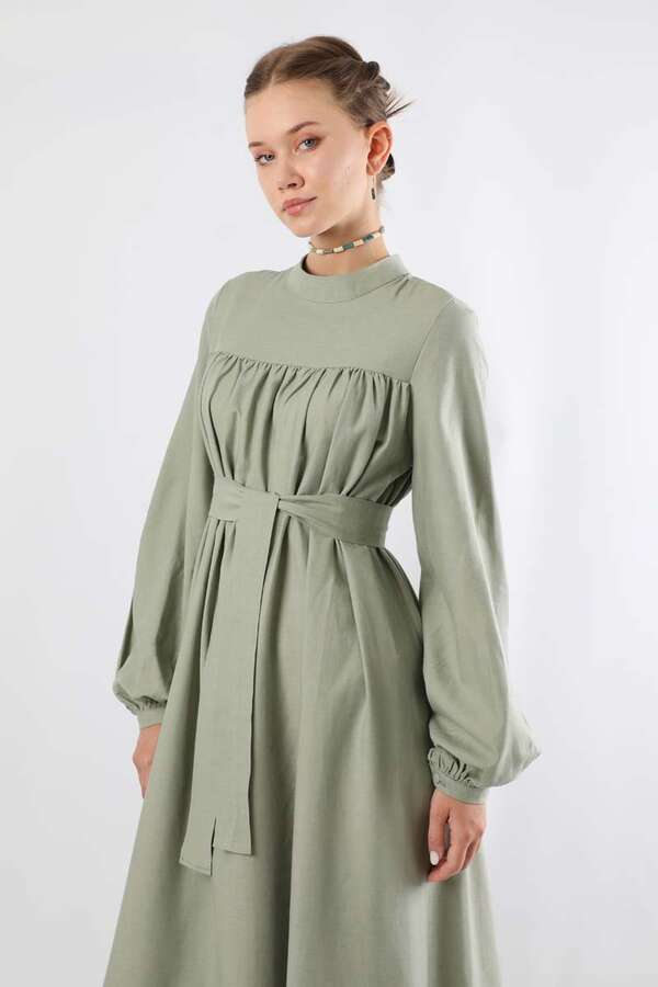 Kuşaklı Büzgülü Elbise Mint - 4