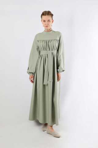 Kuşaklı Büzgülü Elbise Mint - 5
