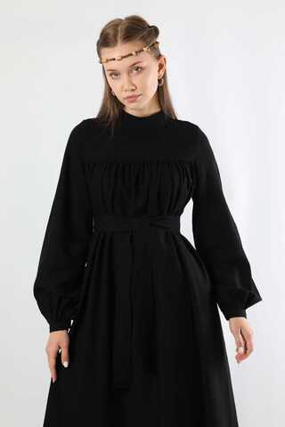 Kuşaklı Büzgülü Elbise Siyah - 2