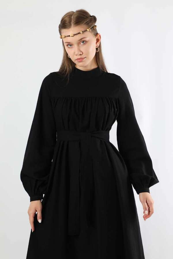 Kuşaklı Büzgülü Elbise Siyah - 2