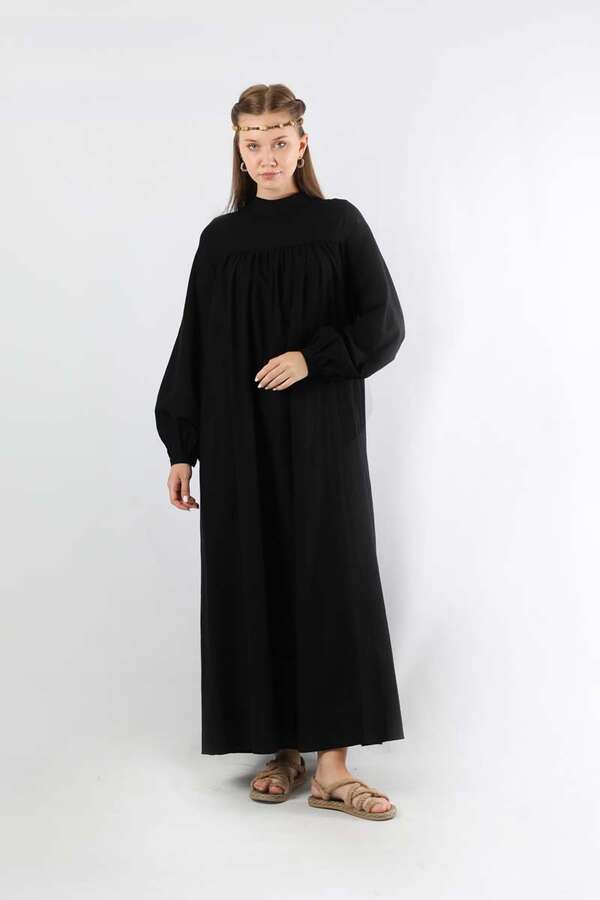 Kuşaklı Büzgülü Elbise Siyah - 3