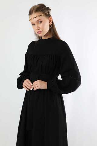 Kuşaklı Büzgülü Elbise Siyah - 4