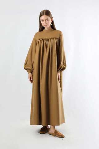 Kuşaklı Büzgülü Elbise Taba - 1