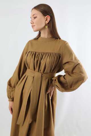 Kuşaklı Büzgülü Elbise Taba - 2