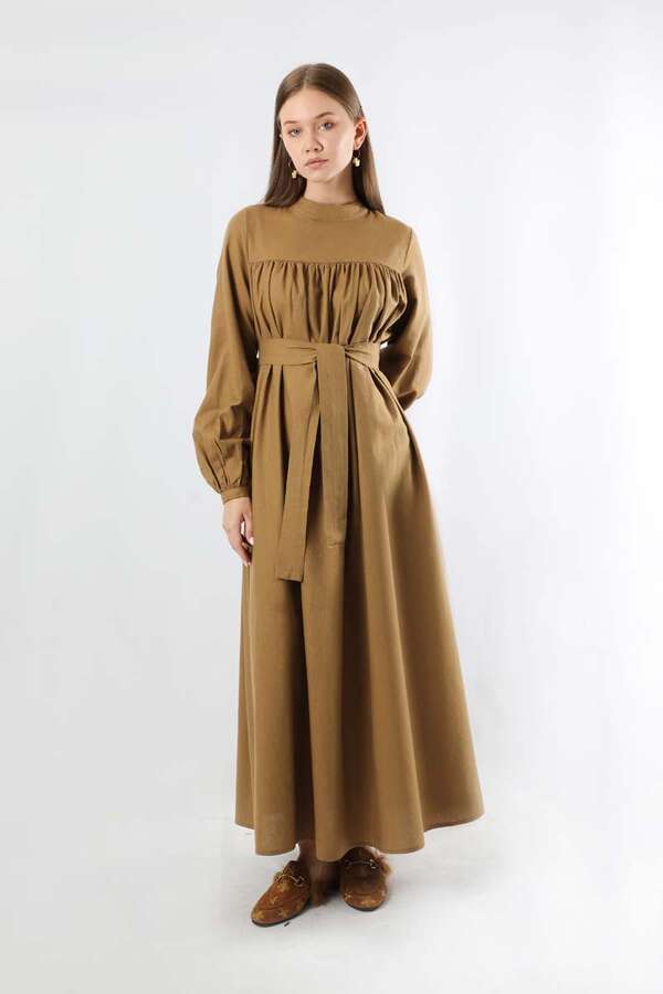 Kuşaklı Büzgülü Elbise Taba - 3