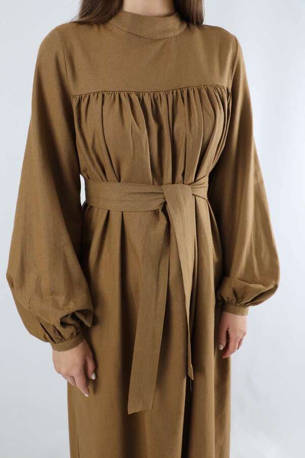 Kuşaklı Büzgülü Elbise Taba - 4