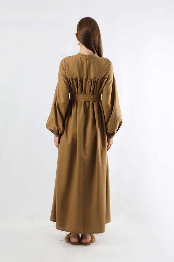 Kuşaklı Büzgülü Elbise Taba - 5