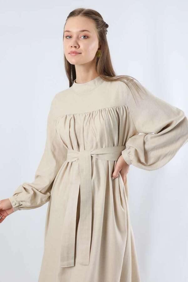 Kuşaklı Büzgülü Elbise Taş - 2