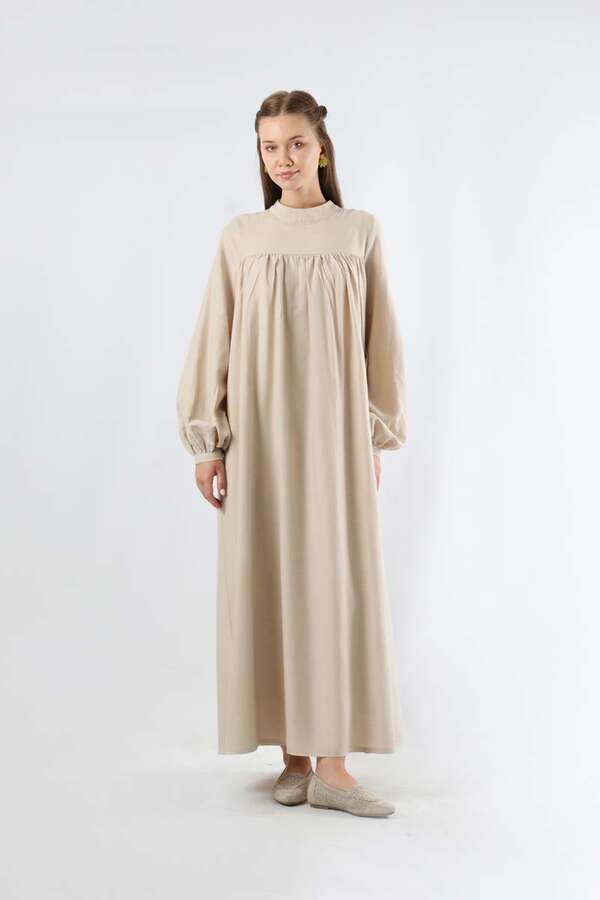 Kuşaklı Büzgülü Elbise Taş - 3