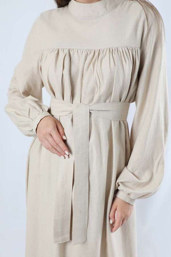 Kuşaklı Büzgülü Elbise Taş - 4