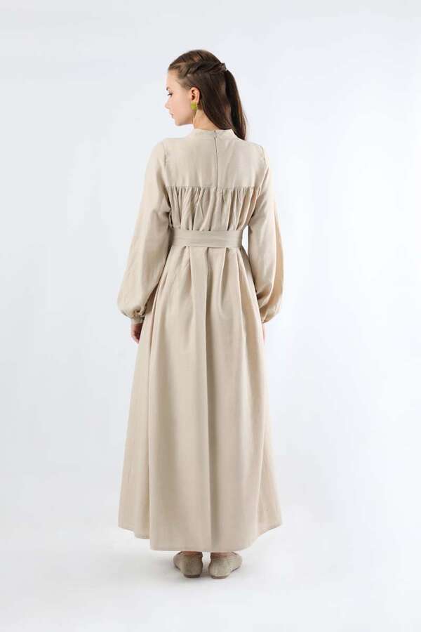 Kuşaklı Büzgülü Elbise Taş - 5