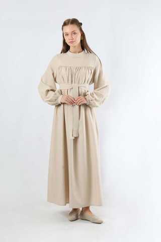 Kuşaklı Büzgülü Elbise Taş - 1