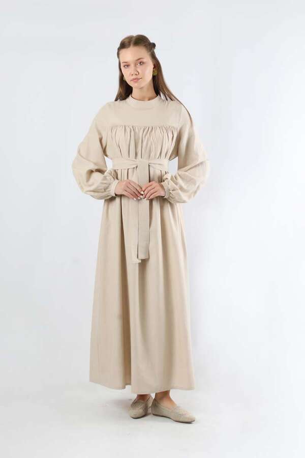 Kuşaklı Büzgülü Elbise Taş - 1