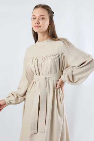 Kuşaklı Büzgülü Elbise Taş - 2