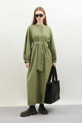 Kuşaklı Gabardin Elbise Koyu Yeşil - 2