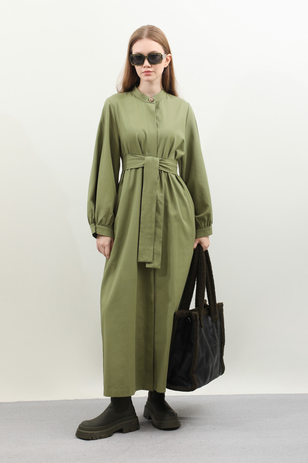 Kuşaklı Gabardin Elbise Koyu Yeşil - 2