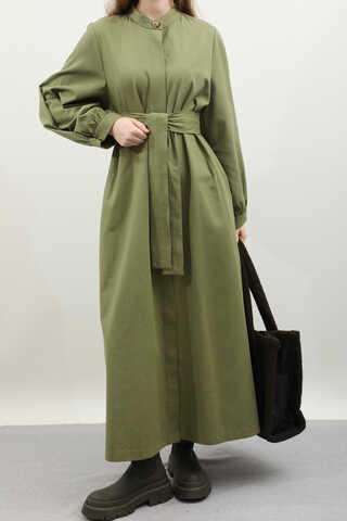 Kuşaklı Gabardin Elbise Koyu Yeşil - 4
