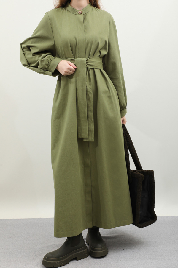 Kuşaklı Gabardin Elbise Koyu Yeşil - 4