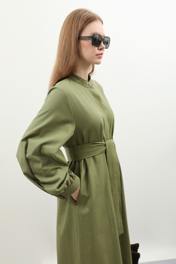 Kuşaklı Gabardin Elbise Koyu Yeşil - 5