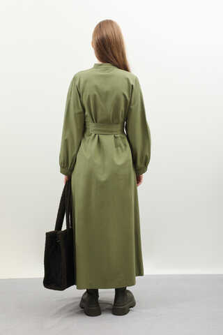 Kuşaklı Gabardin Elbise Koyu Yeşil - 6