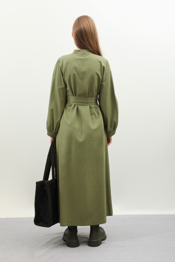 Kuşaklı Gabardin Elbise Koyu Yeşil - 6