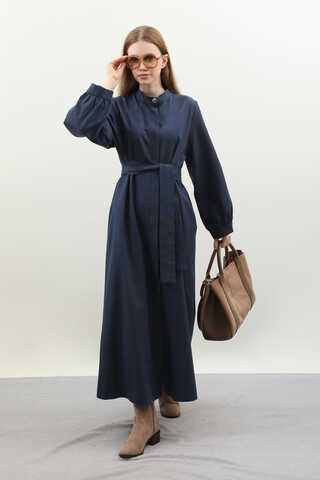 Kuşaklı Gabardin Elbise Lacivert - 5