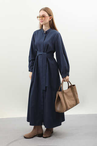 Kuşaklı Gabardin Elbise Lacivert - 6