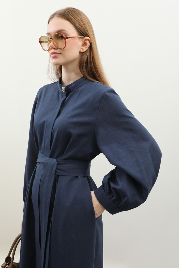 Kuşaklı Gabardin Elbise Lacivert - 7