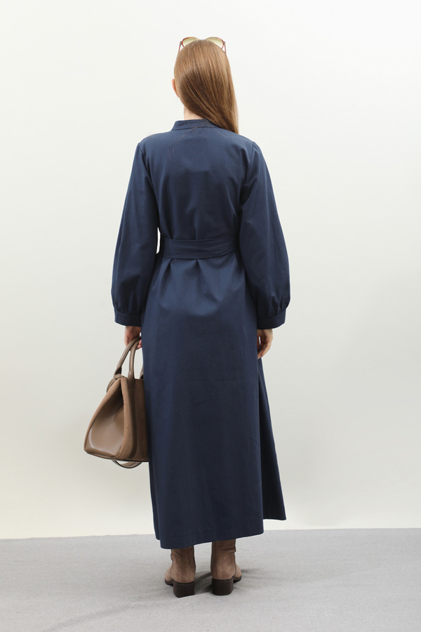 Kuşaklı Gabardin Elbise Lacivert - 9