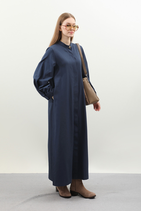 Kuşaklı Gabardin Elbise Lacivert - 3