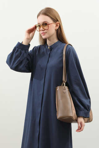 Kuşaklı Gabardin Elbise Lacivert - 4