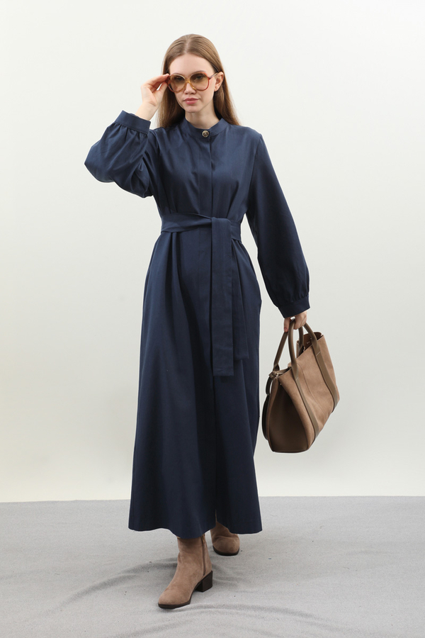 Kuşaklı Gabardin Elbise Lacivert - 5