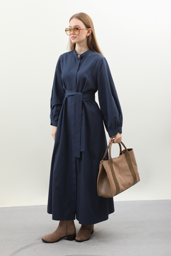 Kuşaklı Gabardin Elbise Lacivert - 6