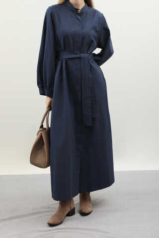 Kuşaklı Gabardin Elbise Lacivert - 1