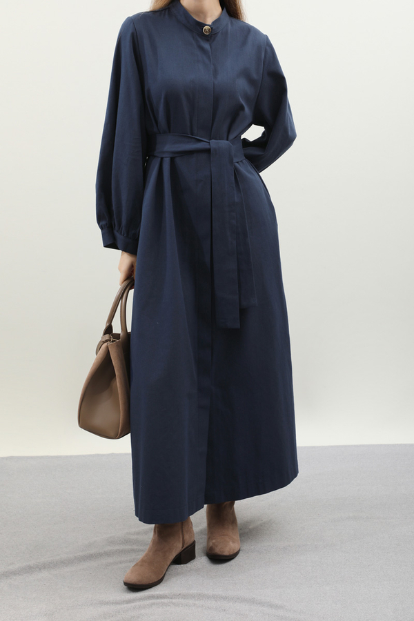 Kuşaklı Gabardin Elbise Lacivert - 1