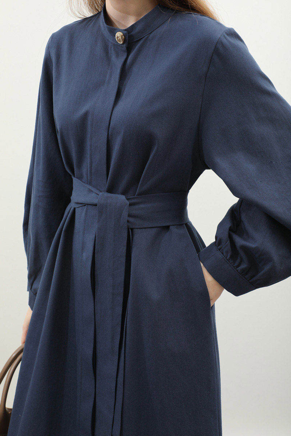 Kuşaklı Gabardin Elbise Lacivert - 8