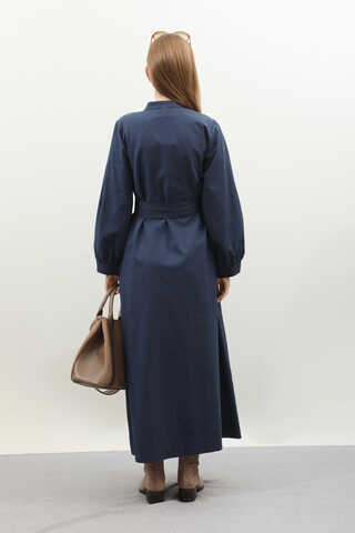 Kuşaklı Gabardin Elbise Lacivert - 9
