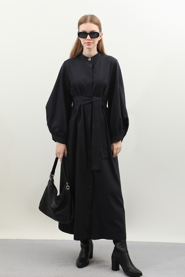 Kuşaklı Gabardin Elbise Siyah - 3