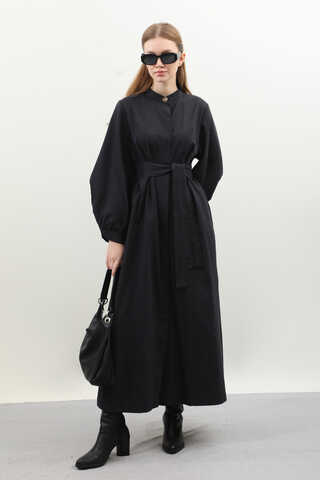 Kuşaklı Gabardin Elbise Siyah - 4