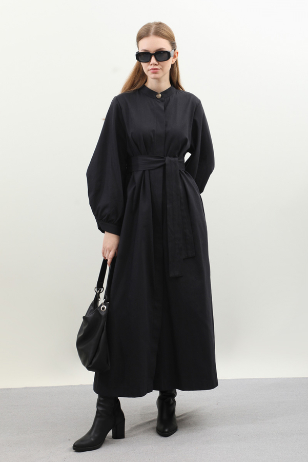 Kuşaklı Gabardin Elbise Siyah - 4