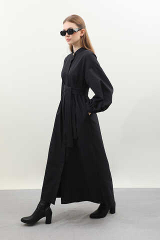 Kuşaklı Gabardin Elbise Siyah - 1