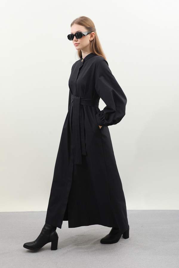 Kuşaklı Gabardin Elbise Siyah - 1