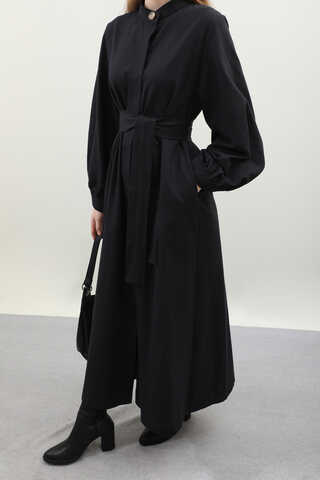 Kuşaklı Gabardin Elbise Siyah - 5