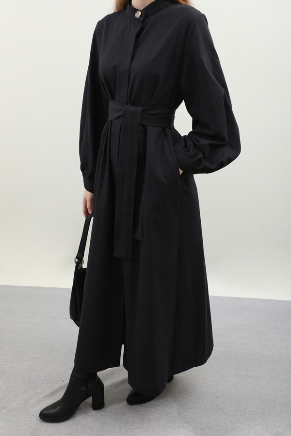 Kuşaklı Gabardin Elbise Siyah - 5