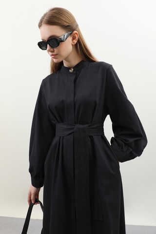 Kuşaklı Gabardin Elbise Siyah - 6