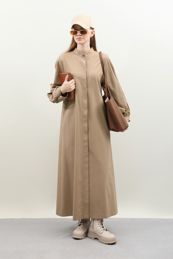 Kuşaklı Gabardin Elbise Vizon - 1