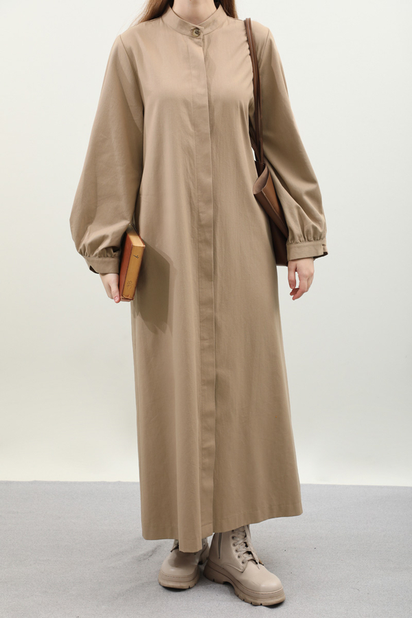 Kuşaklı Gabardin Elbise Vizon - 3