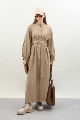 Kuşaklı Gabardin Elbise Vizon - 4