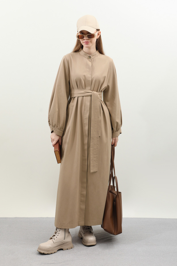 Kuşaklı Gabardin Elbise Vizon - 4